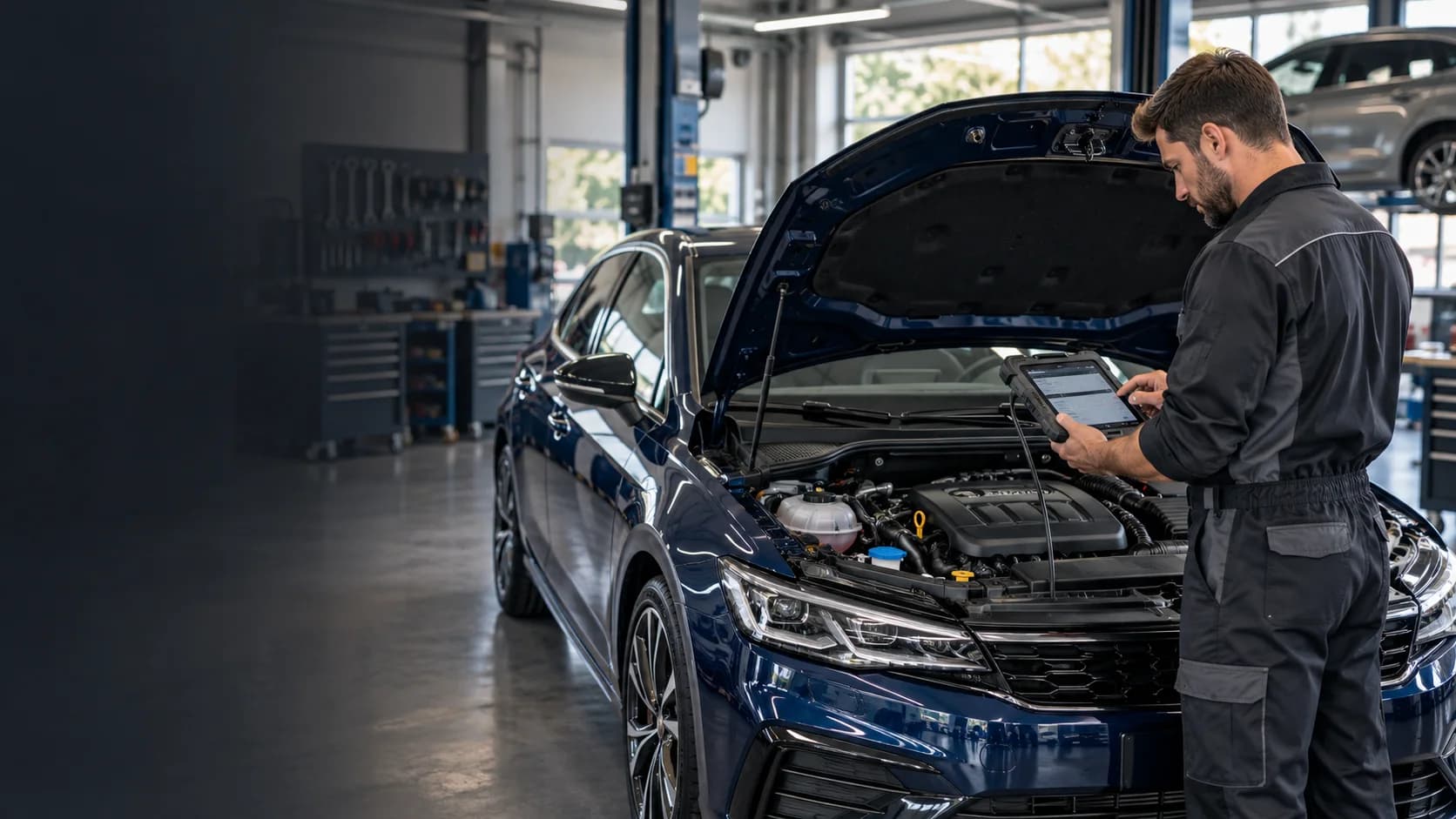 Illustrative Fahrzeugdiagnose mit Prüfgerät am geöffneten Motorraum
