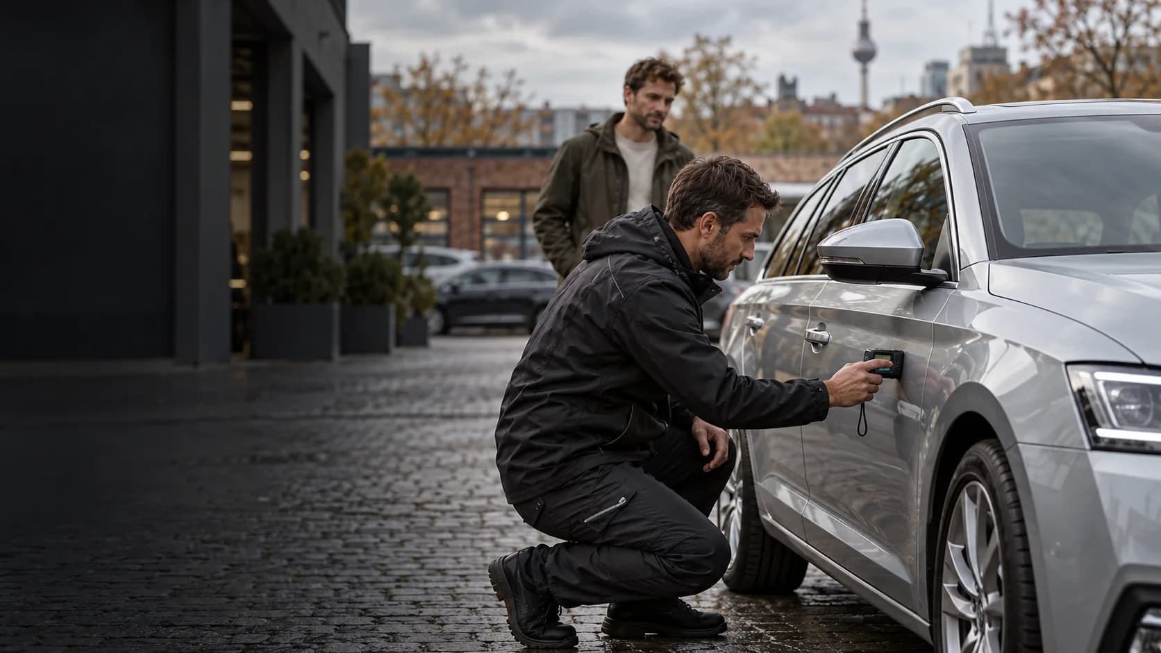 Illustrative mobile Lackprüfung an einem Fahrzeug in Berlin